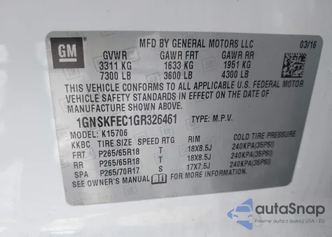 2016 Chevrolet Tahoe Special from USA, damaged, VIN 1GNSKFEC1GR326461